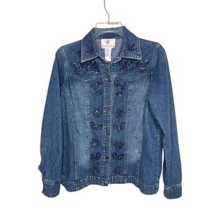 Quacker Factory Womens XS Denim Jacket  Embellished Beaded Collared Button